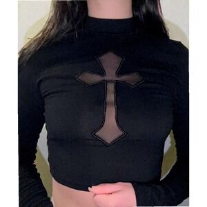 New 2XS XXS Cotton Mesh Cross Gothic Black Mock Neck Long Sleeve Crop Top